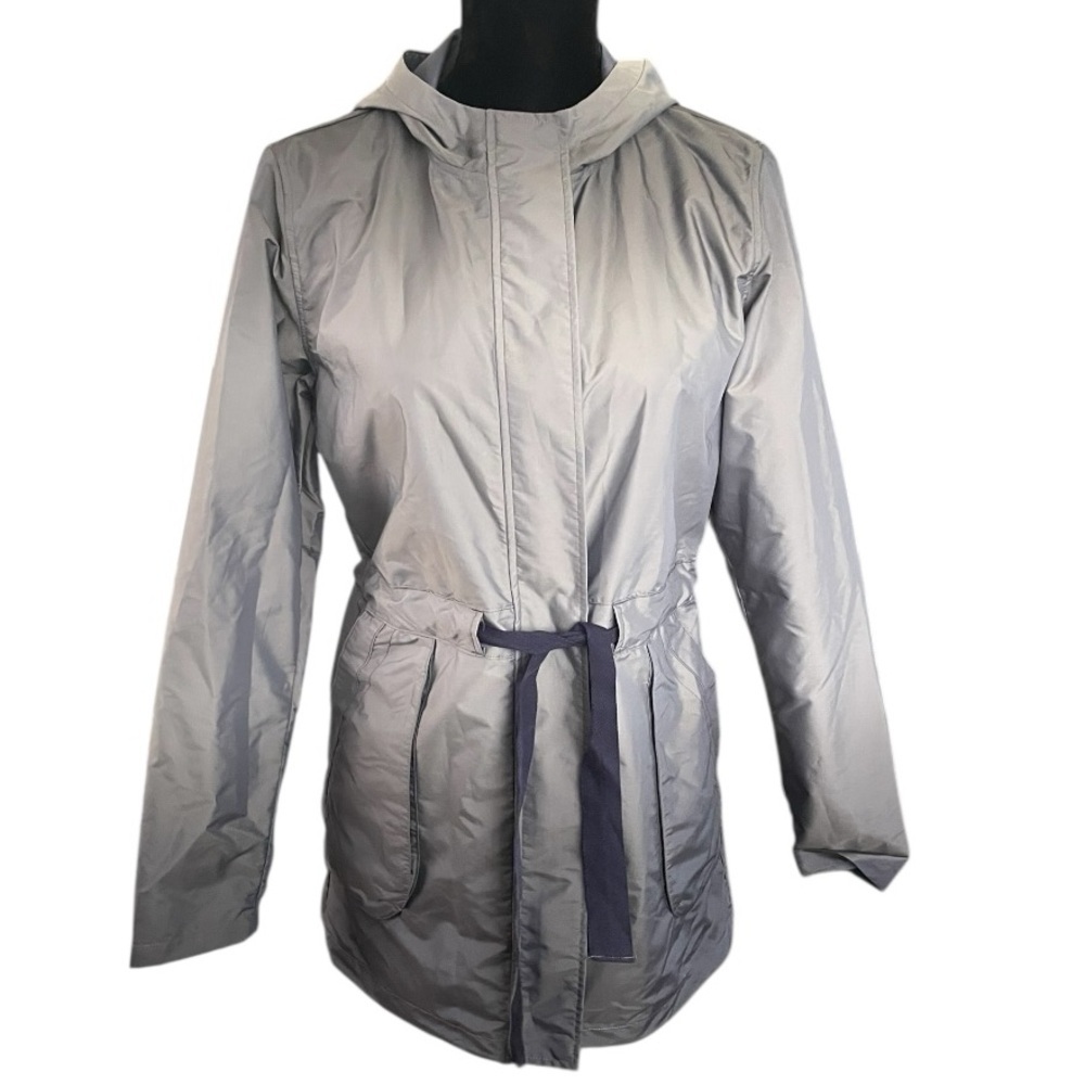 Lucy Womens Hooded windbreaker Small Ombre Gray Lightweight Belted rain jacket